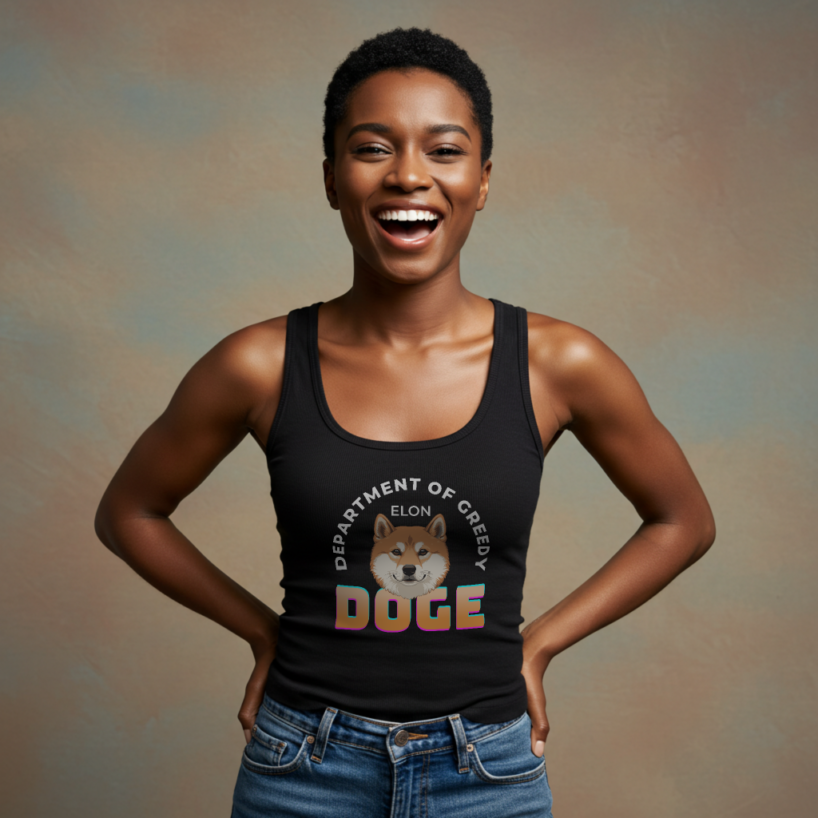 DOGE: Department of Greedy Elon Tank Top – Sleeveless Crypto Meme Shirt