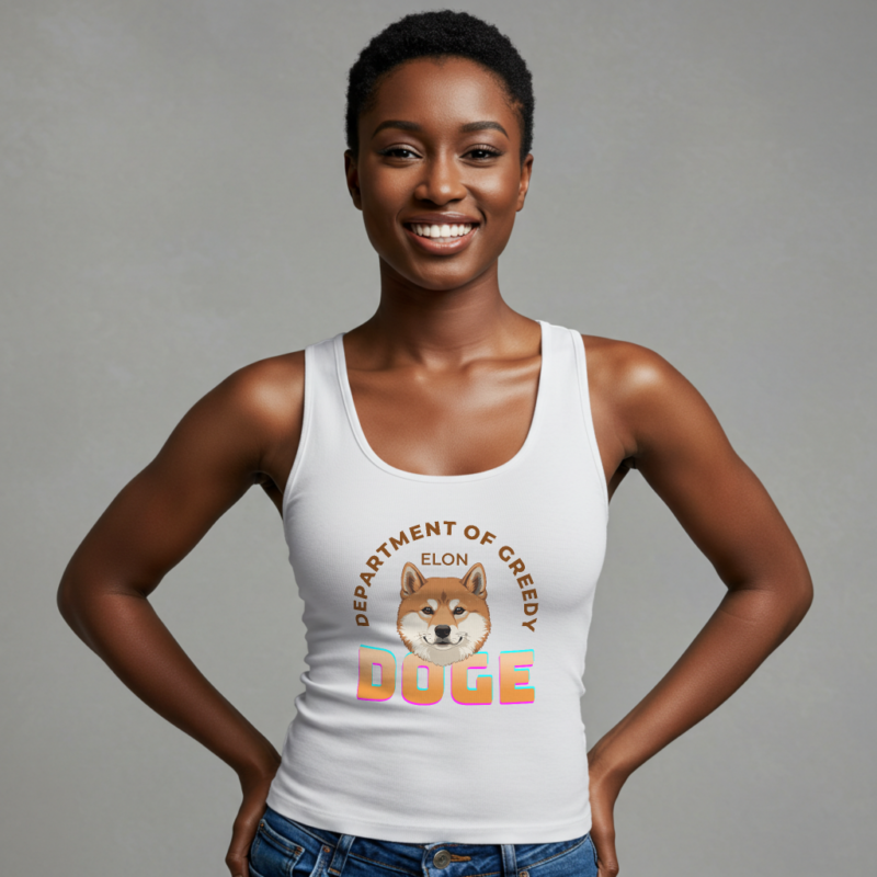 DOGE: Department of Greedy Elon Tank Top – Sleeveless Crypto Meme Shirt - Image 2